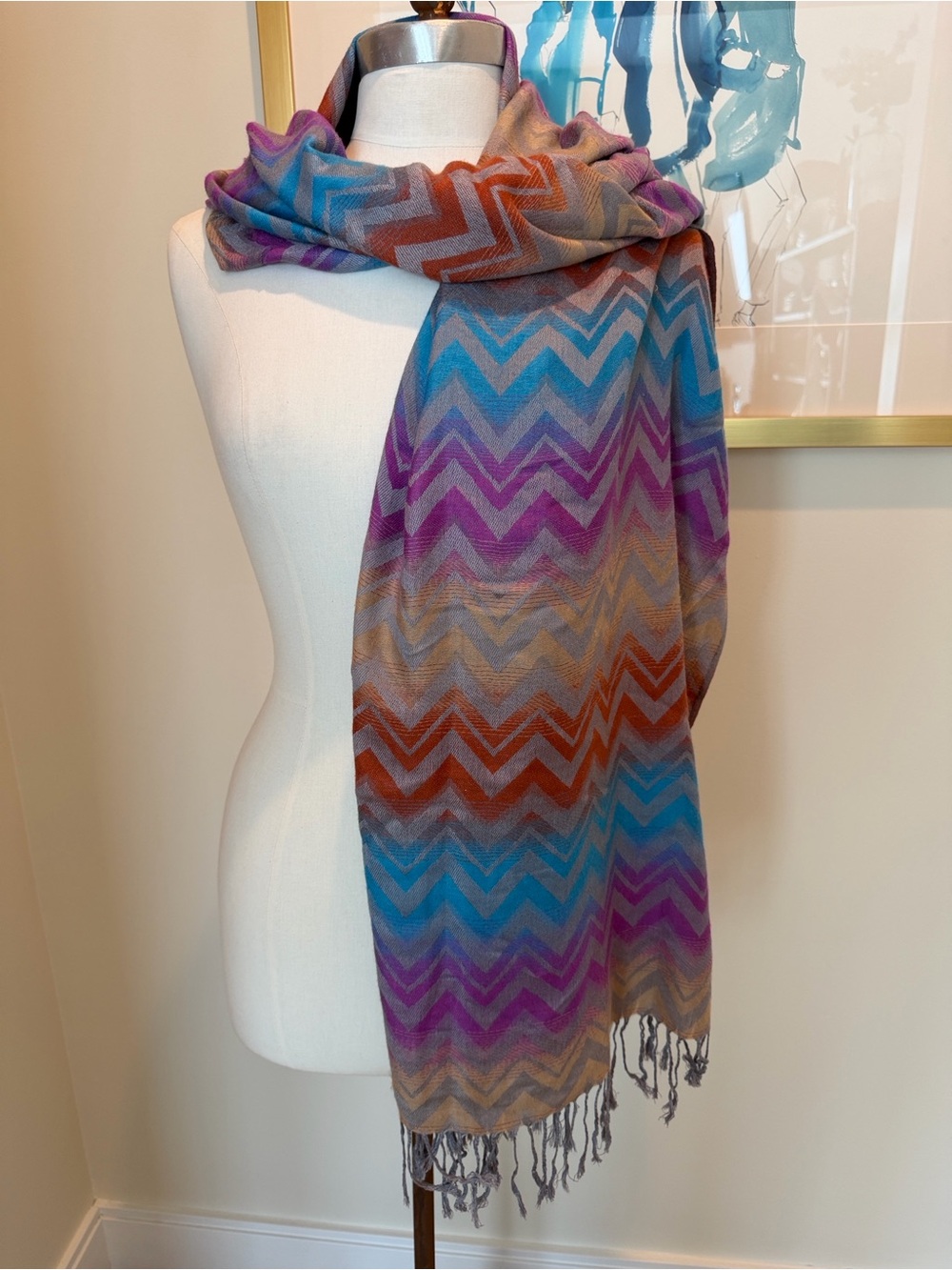pashmina Multicolor Chevron Wrap in Blue, Purple & Orange